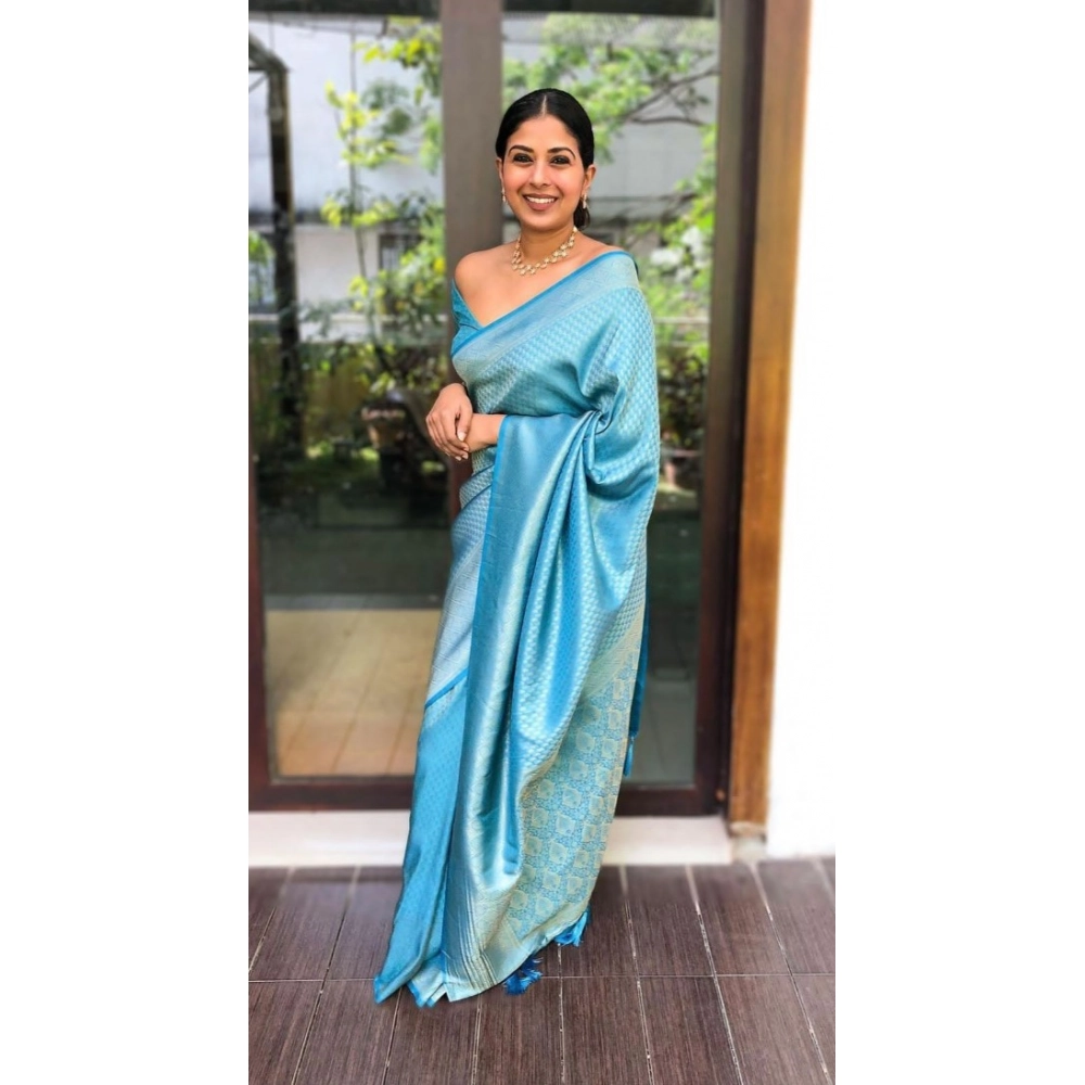 Women's Litchi silk Printed Saree With Unstitched Blouse (Sky Blue) Women's Litchi silk Printed Saree With Unstitched Blouse (Sky Blue)