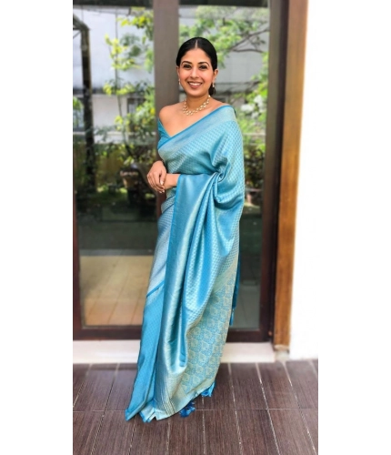 Women's Litchi silk Printed Saree With Unstitched Blouse (Sky Blue)