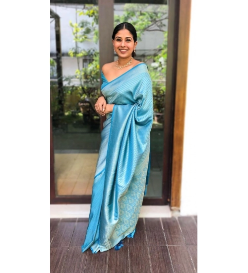 Women's Litchi silk Printed Saree With Unstitched Blouse (Sky Blue)