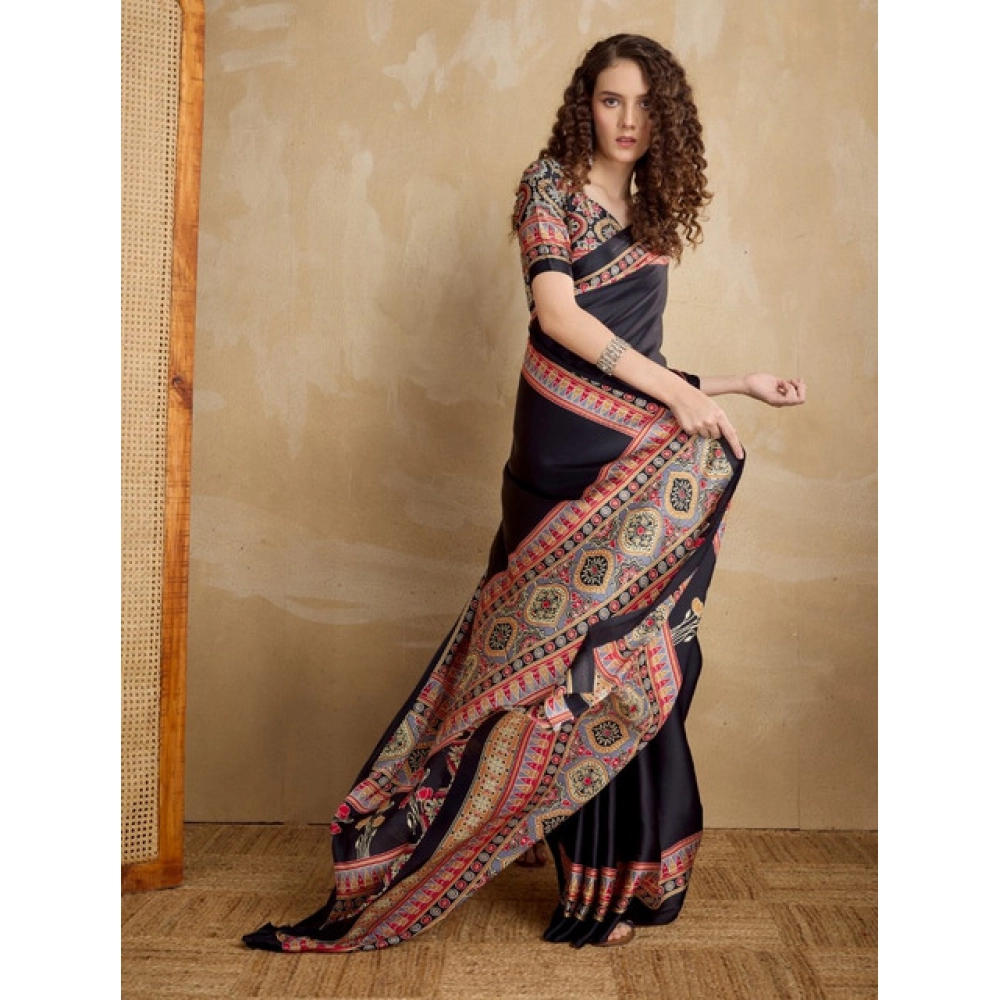 Women's Satin Crepe Printed Saree With Unstitched Blouse 5.5Mtr (Black)