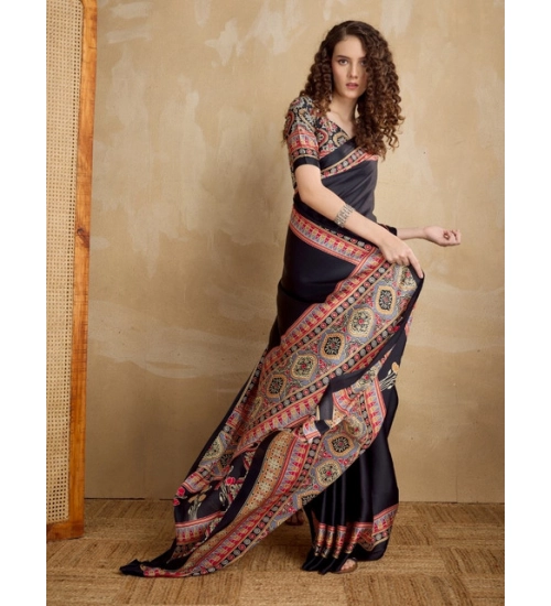 Women's Satin Crepe Printed Saree With Unstitched Blouse 5.5Mtr (Black)