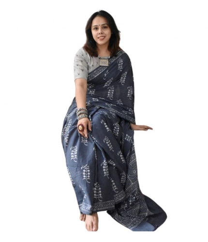 Women's Linen Printed Saree With Unstitched Blouse 5.5Mtr (Grey)