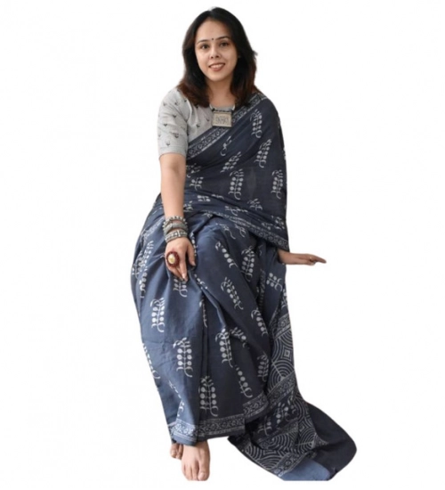 Women's Linen Printed Saree With Unstitched Blouse 5.5Mtr (Grey)
