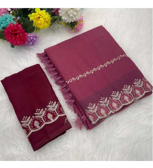 Women's Georgette Embroidered Saree With Unstitched Blouse 5.5Mtr (Pink)