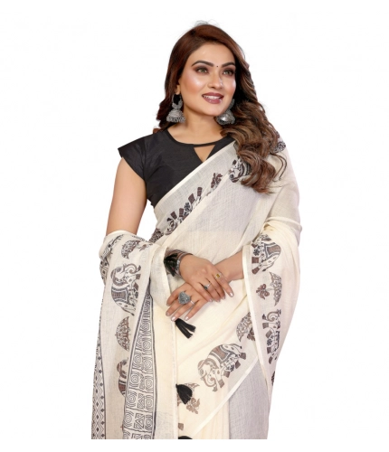 Women's Linen Cotton Printed Saree With Unstitched Blouse 5.5Mtr (Off White)