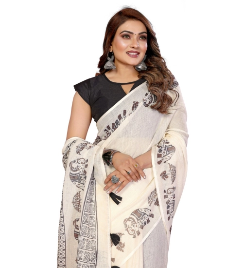 Women's Linen Cotton Printed Saree With Unstitched Blouse 5.5Mtr (Off White)