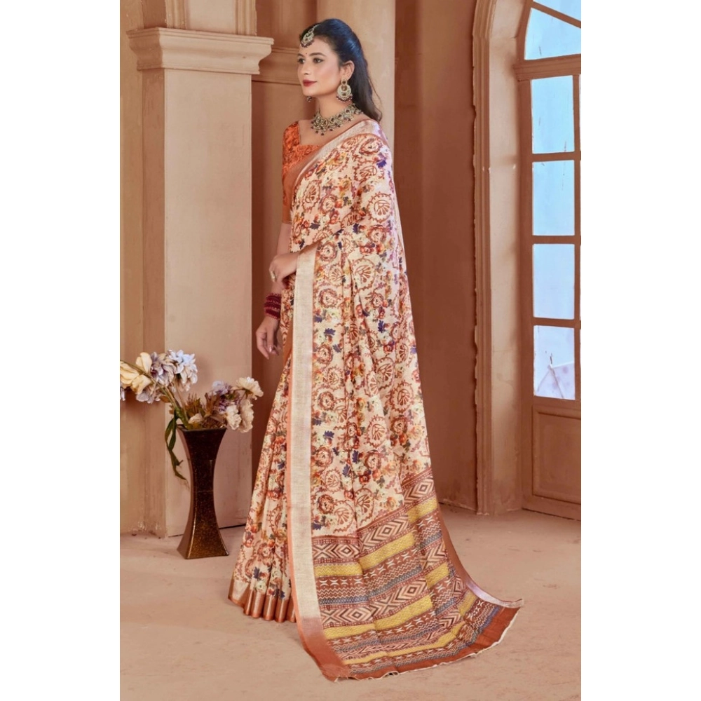Women's Printed Cotton Linen Saree withPrinted Saree With Unstitched Blouse (Orange , 5-6Mtrs) Women's Printed Cotton Linen Saree withPrinted Saree With Unstitched Blouse (Orange , 5-6Mtrs)