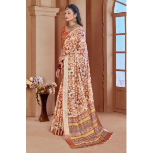 Generic Women's Printed Cotton Linen Saree withPrinted  Saree With Unstitched Blouse (Orange , 5-6Mtrs)