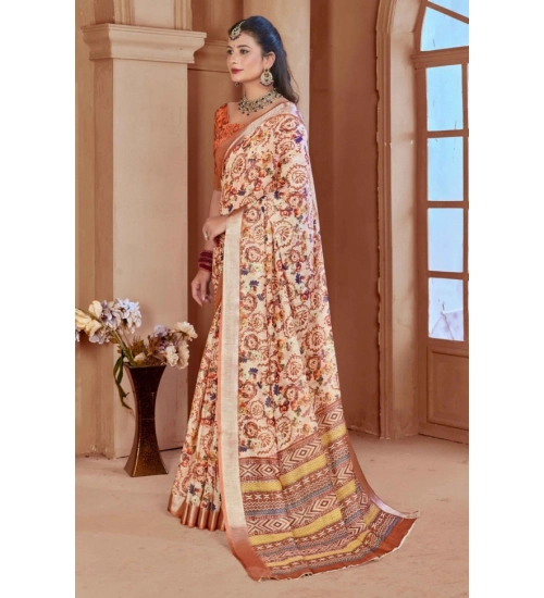 Women's Printed Cotton Linen Saree withPrinted  Saree With Unstitched Blouse (Orange , 5-6Mtrs)