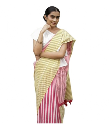 Women's Linen Printed Saree With Unstitched Blouse 5.5Mtr (Yellow)