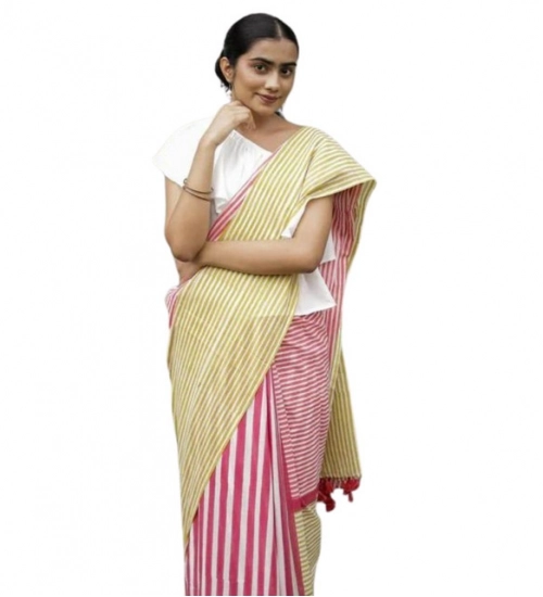 Women's Linen Printed Saree With Unstitched Blouse 5.5Mtr (Yellow)