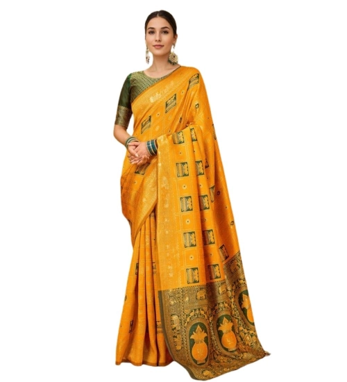Women's Silk Blend Woven Zari Work Saree With Unstitched Blouse 5.5Mtr (Mustard)
