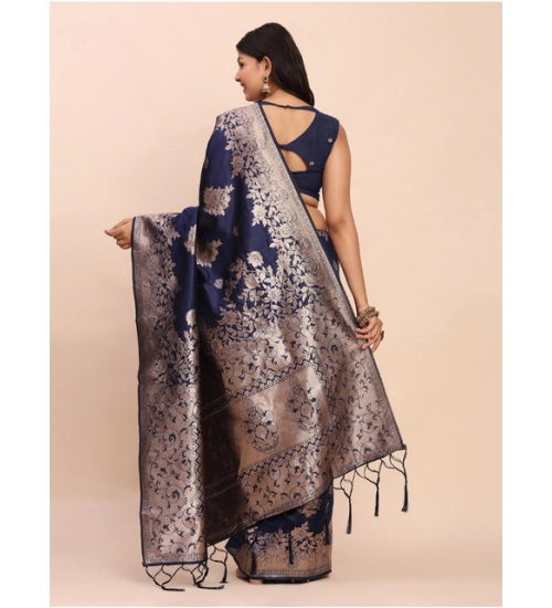 Women's Banarasi Silk Printed Saree With Unstitched Blouse 5.5Mtr (Navy Blue)