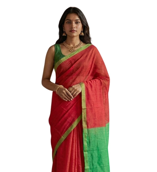 Women's Cotton Printed Saree With Unstitched Blouse 5.5Mtr (Red)
