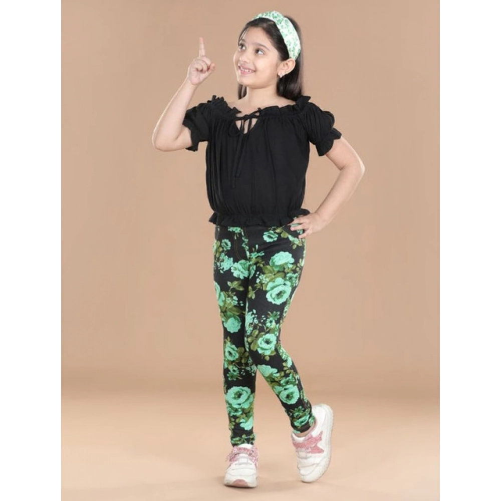 Girl's Cotton Lycra Floral Elasticated Jeggings (Black-Green) Girl's Cotton Lycra Floral Elasticated Jeggings (Black-Green)
