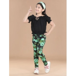 Girl's Cotton Lycra Floral Elasticated Jeggings (Black-Green)