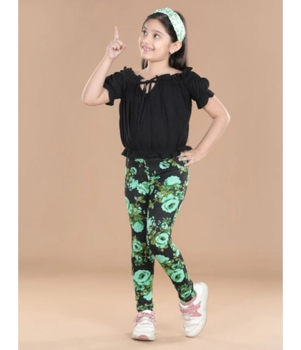 Girl's Cotton Lycra Floral Elasticated Jeggings (Black-Green)