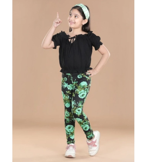 Girl's Cotton Lycra Floral Elasticated Jeggings (Black-Green)