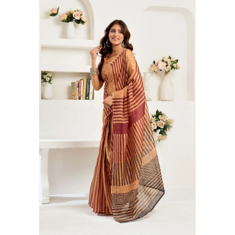 Women's Linen Cotton Printed Ready To Wear Saree With Unstitched Blouse 5.5 Mtr (Brown)