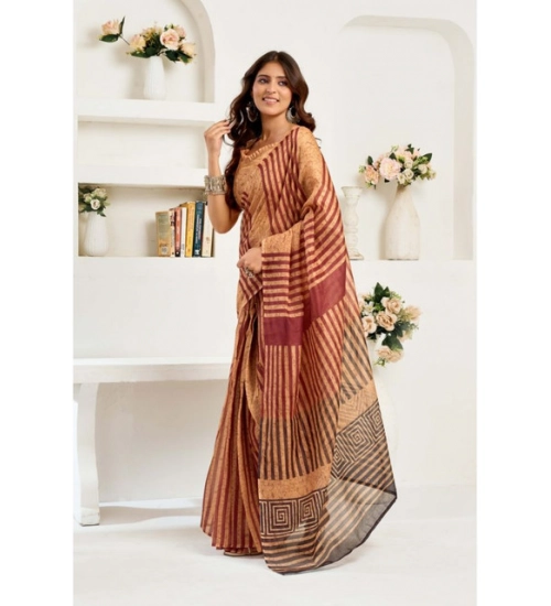 Women's Linen Cotton Printed Ready To Wear Saree With Unstitched Blouse 5.5 Mtr (Brown)
