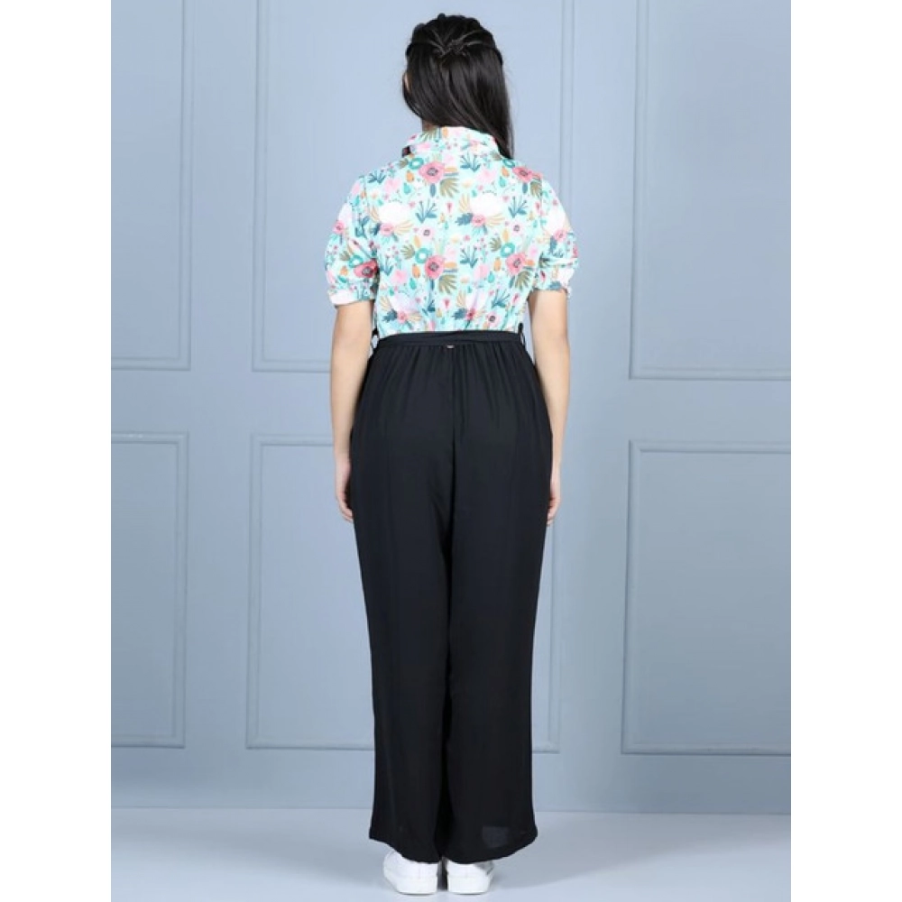 Girl's Polyester Floral Short Sleeves Jumpsuit (Green-Black)