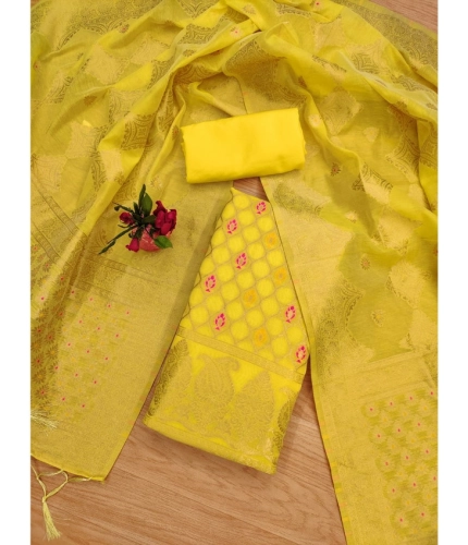 Women's Banarasi Silk Printed Unstitched Salwar Suit Material With Dupatta (Yellow, 3Mtrs)
