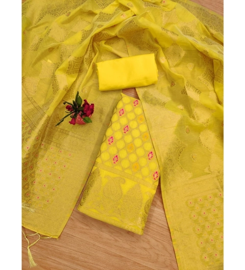 Women's Banarasi Silk Printed Unstitched Salwar Suit Material With Dupatta (Yellow, 3Mtrs)