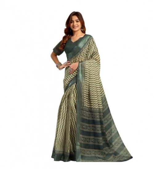 Women's Linen Cotton Printed Ready To Wear With Pocket Saree With Unstitched Blouse 5.5 Mtr (Olive)