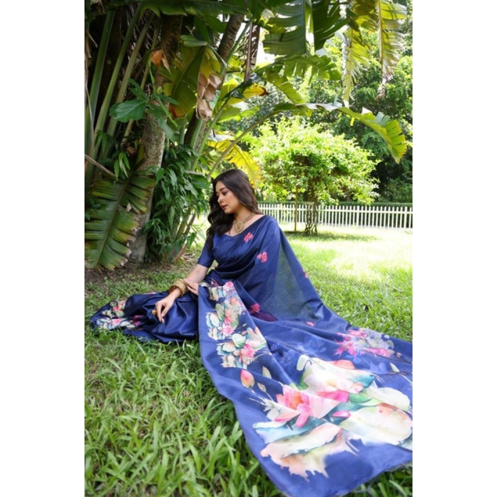 Women's Faux_Tussar Floral Saree With Unstitched Blouse 5.5Mtr (Navy_Blue) Women's Faux_Tussar Floral Saree With Unstitched Blouse 5.5Mtr (Navy_Blue)