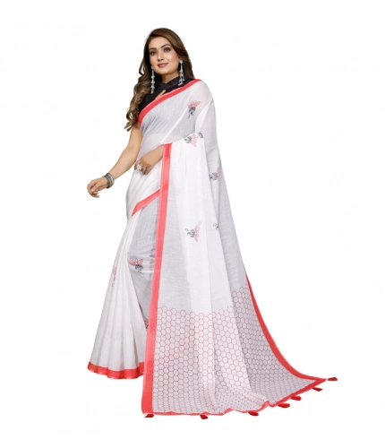 Women's Linen Cotton Printed Saree With Unstitched Blouse 5.5Mtr (White)