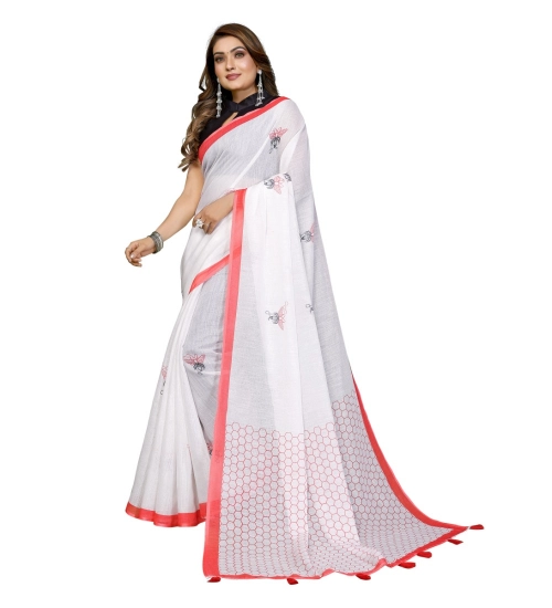 Women's Linen Cotton Printed Saree With Unstitched Blouse 5.5Mtr (White) Women's Linen Cotton Printed Saree With Unstitched Blouse 5.5Mtr (White)
