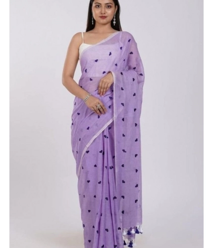 Women's Linen Printed Saree With Unstitched Blouse 5.5Mtr (Purple)