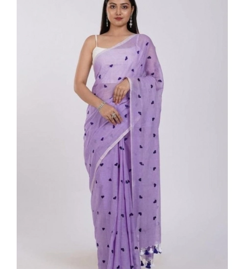 Women's Linen Printed Saree With Unstitched Blouse 5.5Mtr (Purple)