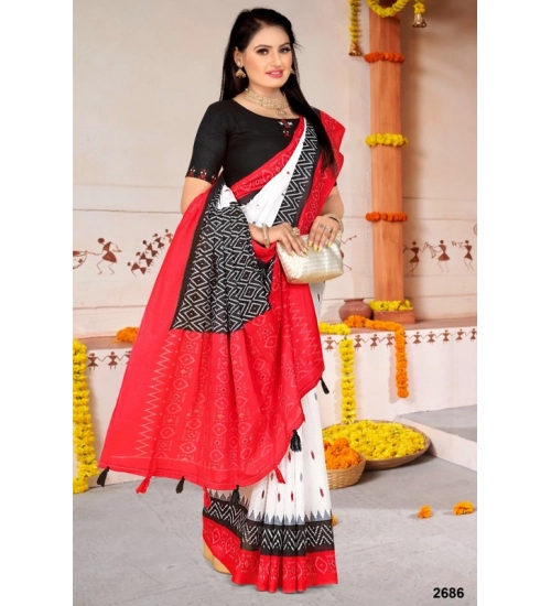 Women's Soft Pure Cotton Printed Saree With Unstitched Blouse 5.5Mtr (White) Women's Soft Pure Cotton Printed Saree With Unstitched Blouse 5.5Mtr (White)