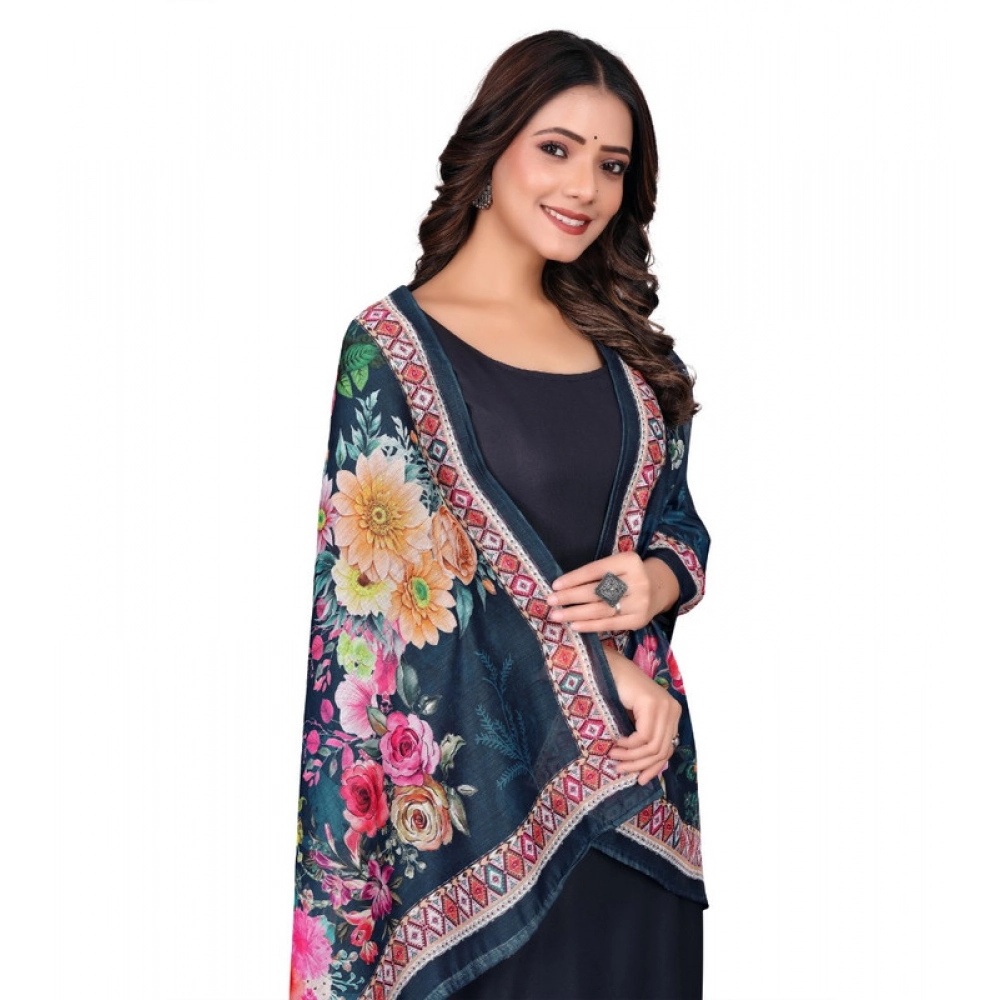 Women's chanderi silk  Printed Dupatta (Navy Blue, Length: 2 Mtr)