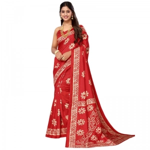 Generic Women's Litchi silk Printed Saree With Unstitched Blouse  5-6 Mtrs (Red)
