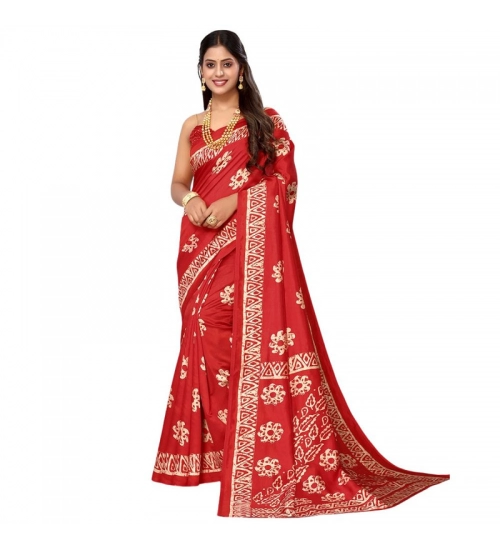 Women's Litchi silk Printed Saree With Unstitched Blouse  5-6 Mtrs (Red)