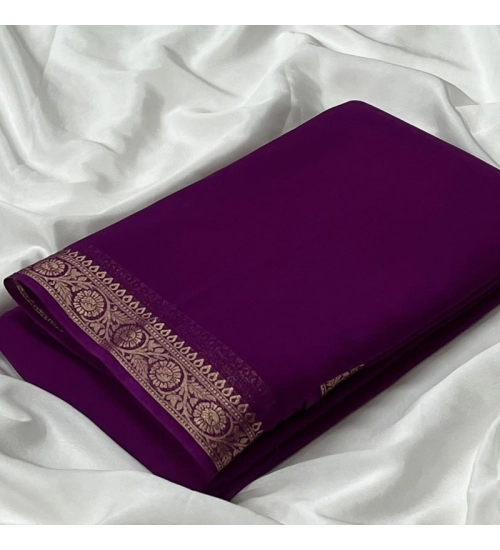 Women's Crepe Chit Pallu Solid Saree With Unstitched Blouse 5.5Mtr (Wine)