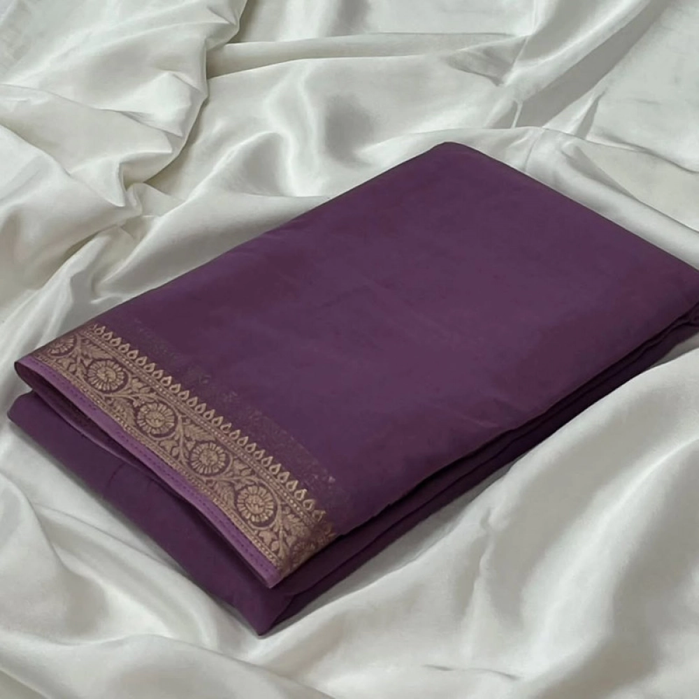 Women's Crepe Chit Pallu Solid Saree With Unstitched Blouse 5.5Mtr (Violet) Women's Crepe Chit Pallu Solid Saree With Unstitched Blouse 5.5Mtr (Violet)