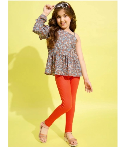 Girl's Polyester Floral One Shoulder Jeggings Set (Grey-Orange)