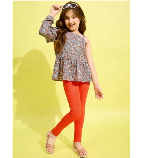 Girl's Polyester Floral One Shoulder Jeggings Set (Grey-Orange)