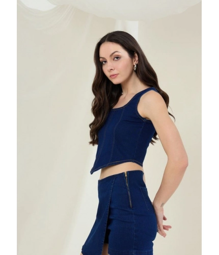 Women's Denim Lycra Solid Sleeveless Top (Blue)