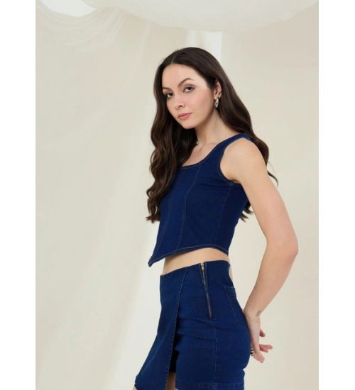 Women's Denim Lycra Solid Sleeveless Top (Blue) Women's Denim Lycra Solid Sleeveless Top (Blue)