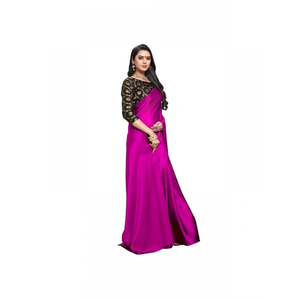 Women's Satin Solid Saree With Unstitched Blouse 5.5Mtr (Magenta)