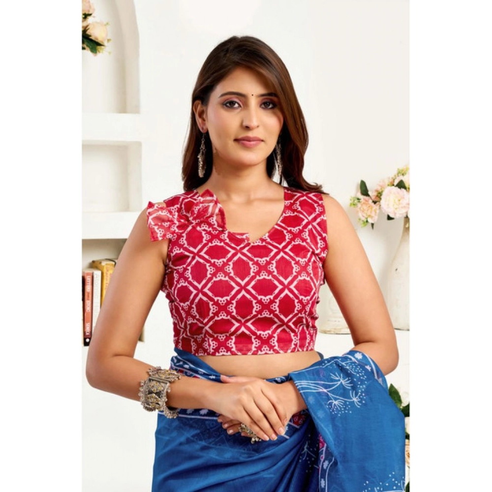 Women's Linen Cotton Printed Ready To Wear Saree With Unstitched Blouse 5.5 Mtr (Blue)