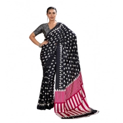 Women's Satin Crepe Printed Saree With Unstitched Blouse 5.5Mtr (Black)