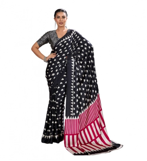 Women's Satin Crepe Printed Saree With Unstitched Blouse 5.5Mtr (Black)