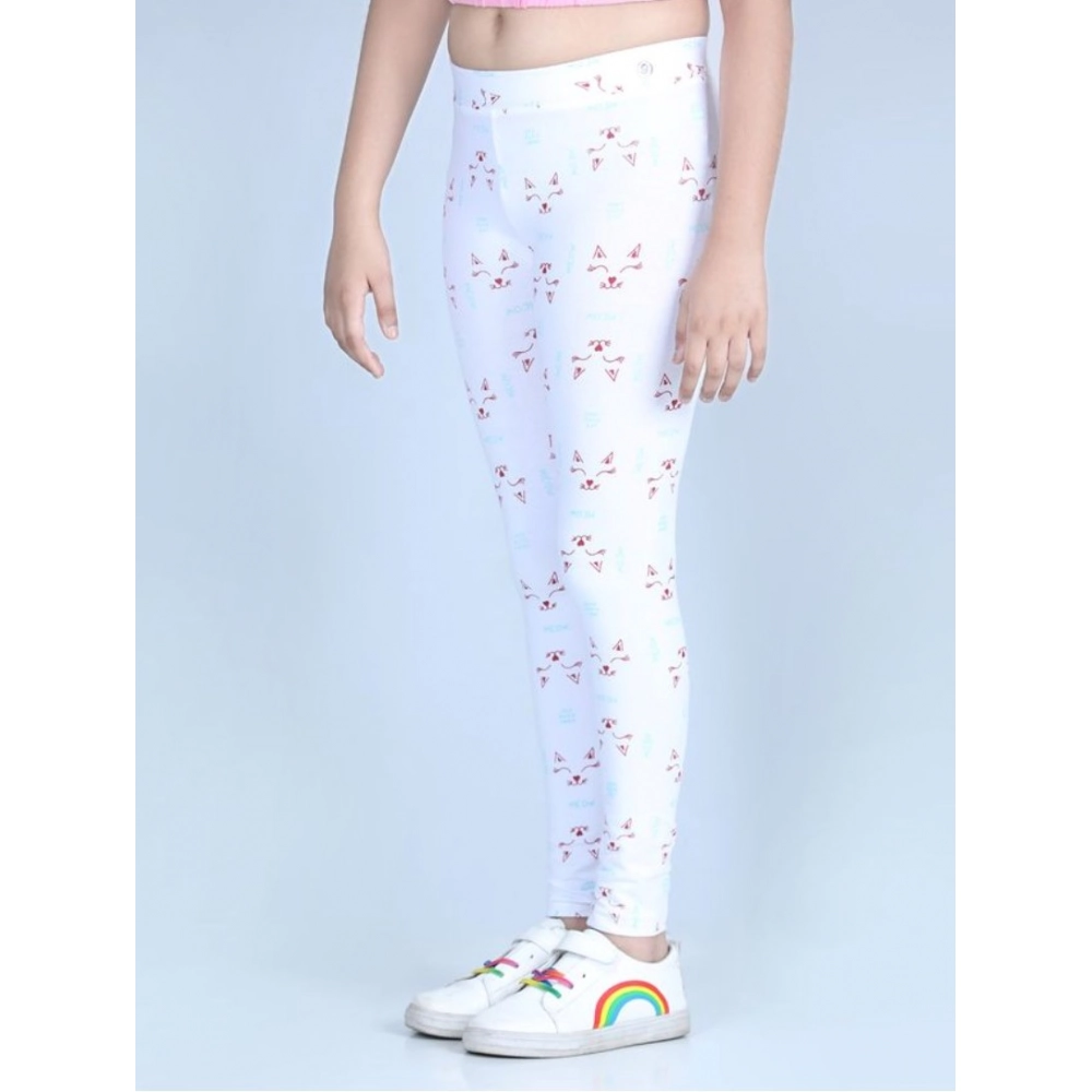 Girl's Cotton Lycra Printed Elasticated Leggings (White)