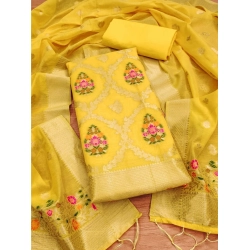 Women's Banarasi Silk Printed Unstitched Salwar Suit Material With Dupatta (Yellow, 3Mtrs)