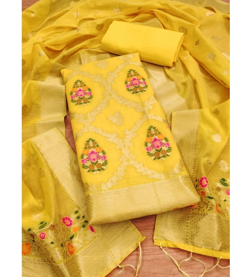Women's Banarasi Silk Printed Unstitched Salwar Suit Material With Dupatta (Yellow, 3Mtrs)